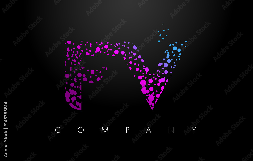 FV F V Letter Logo with Purple Particles and Bubble Dots