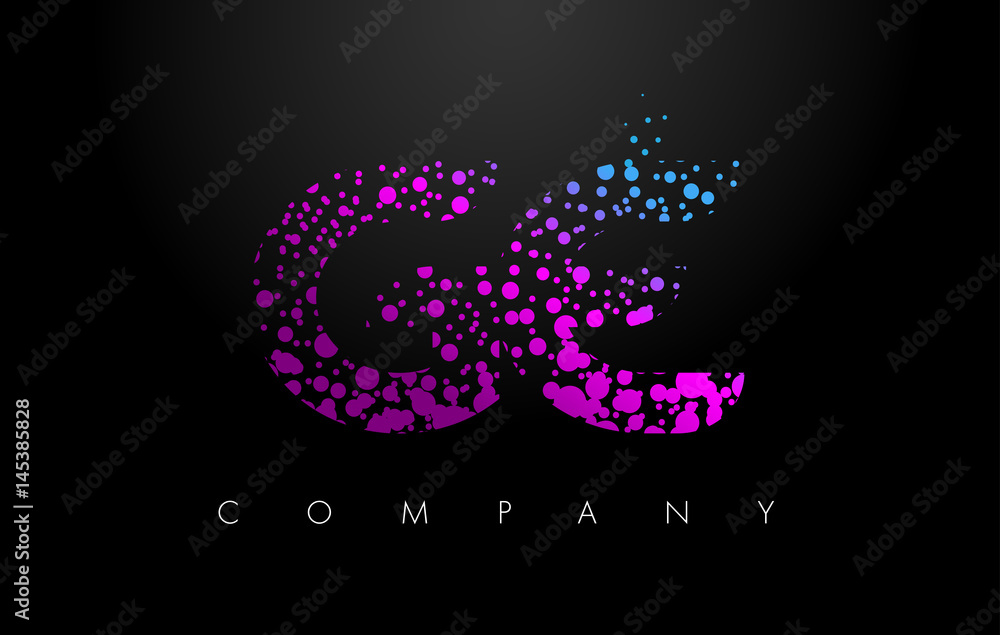 GE G E Letter Logo with Purple Particles and Bubble Dots