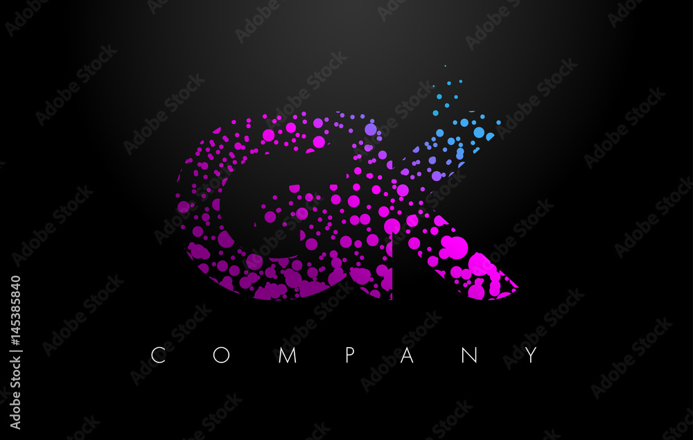 GK G K Letter Logo with Purple Particles and Bubble Dots