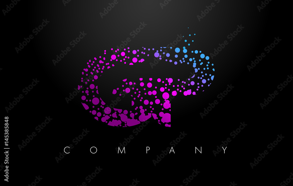 GP G P Letter Logo with Purple Particles and Bubble Dots
