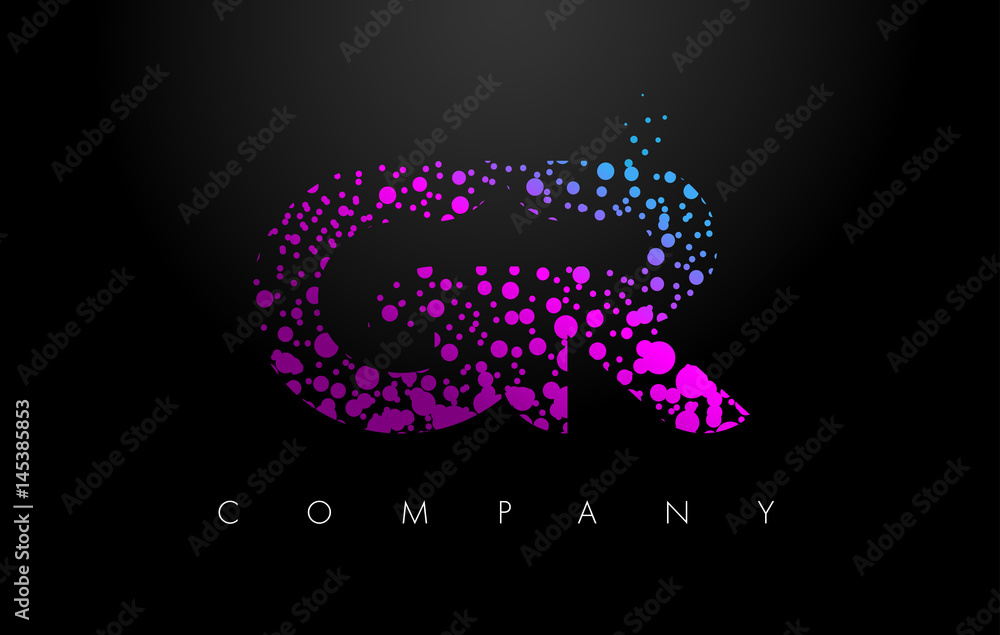 GR G R Letter Logo with Purple Particles and Bubble Dots