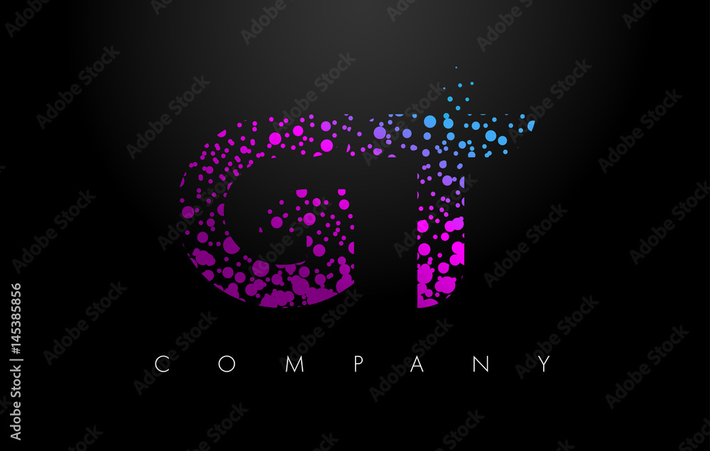 GT G T Letter Logo with Purple Particles and Bubble Dots