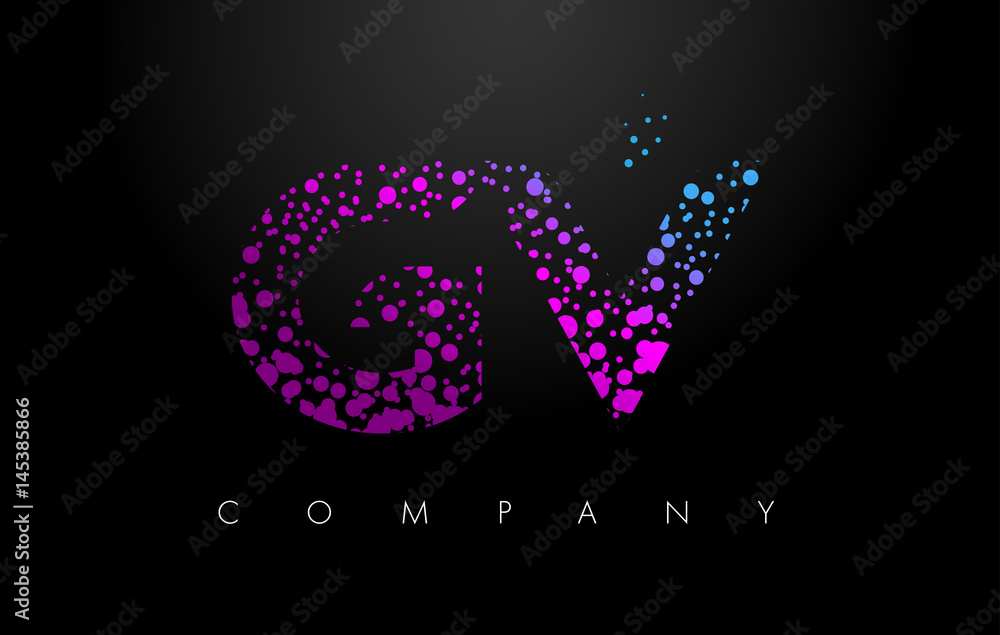 GV G V Letter Logo with Purple Particles and Bubble Dots