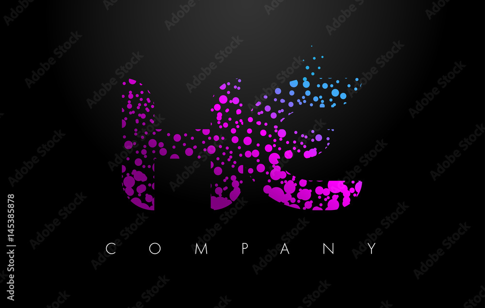 HE H E Letter Logo with Purple Particles and Bubble Dots