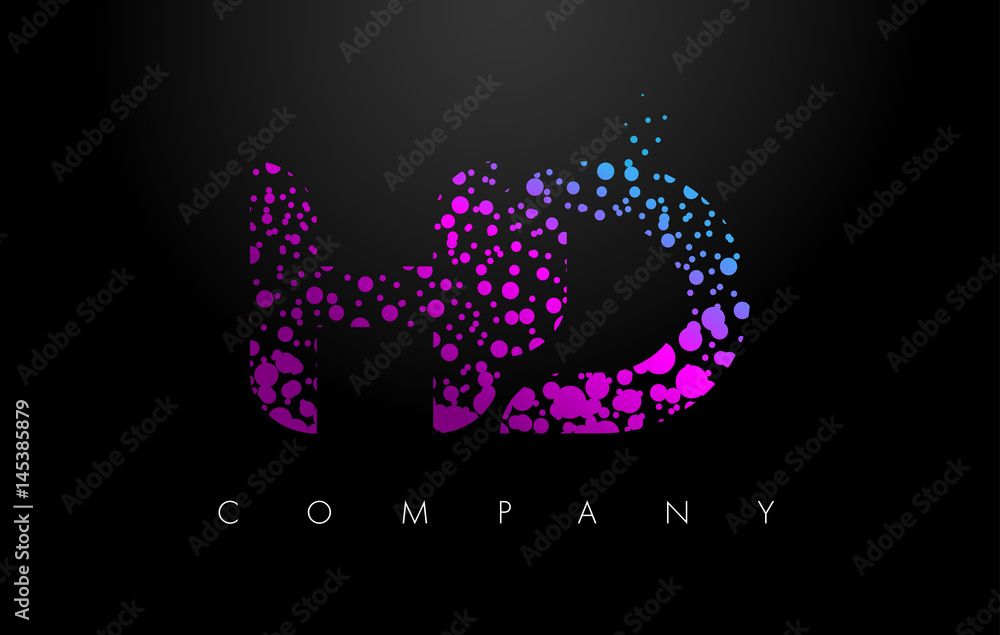 HD H D Letter Logo with Purple Particles and Bubble Dots