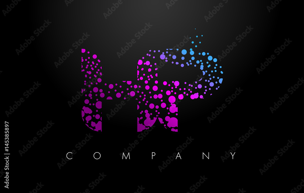 HP H P Letter Logo with Purple Particles and Bubble Dots
