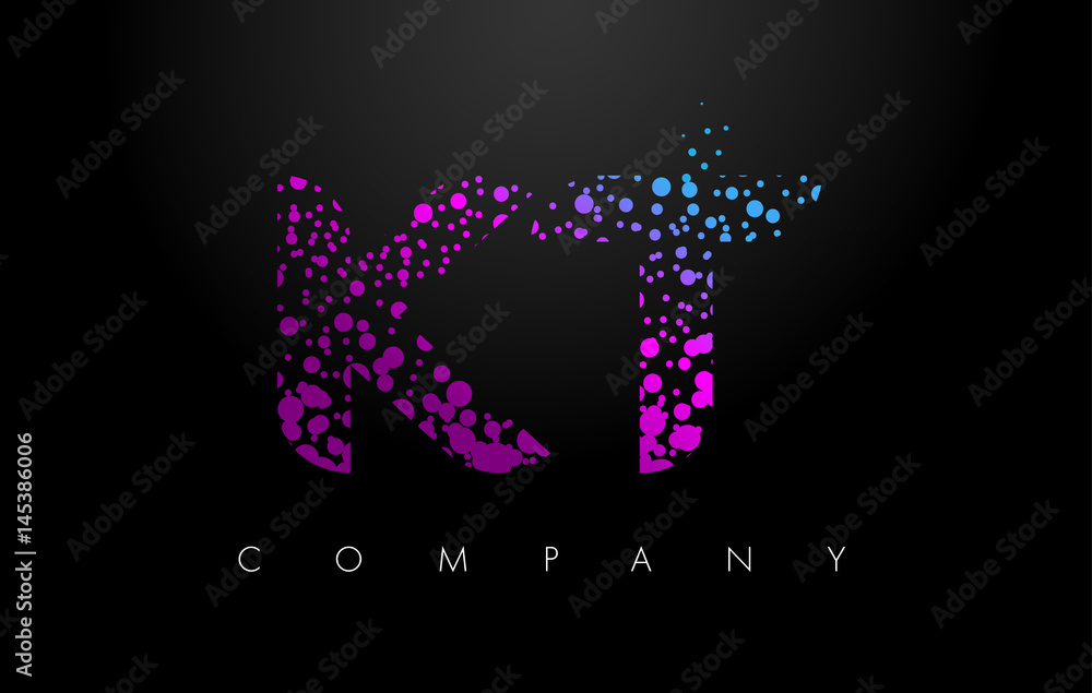 KT K T Letter Logo with Purple Particles and Bubble Dots
