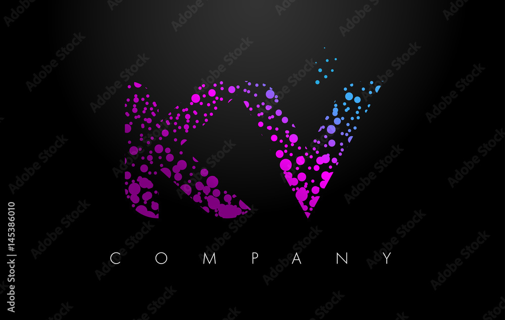 KV K V Letter Logo with Purple Particles and Bubble Dots