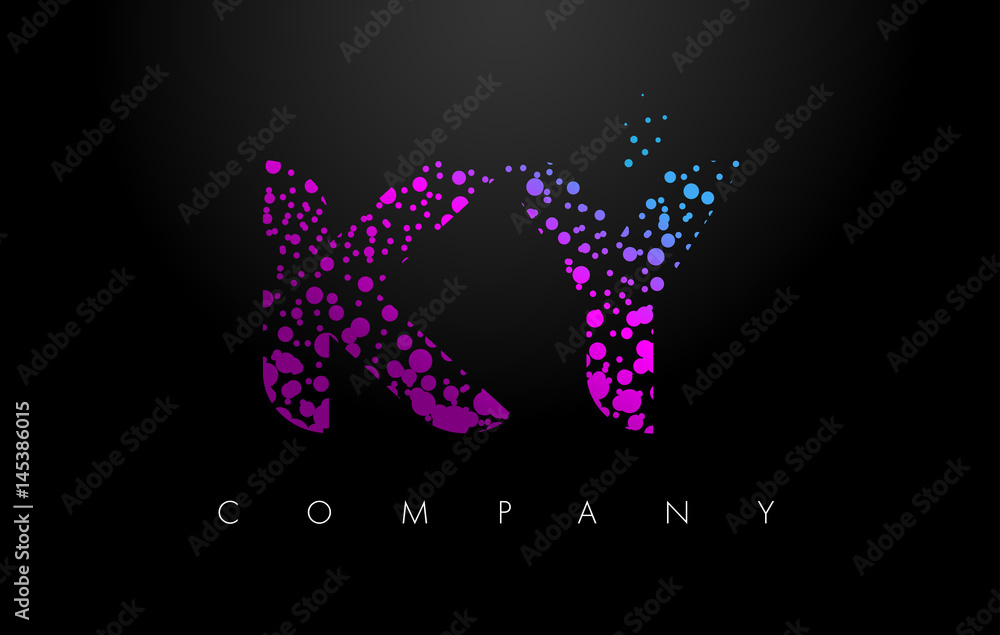 KY K Y Letter Logo with Purple Particles and Bubble Dots