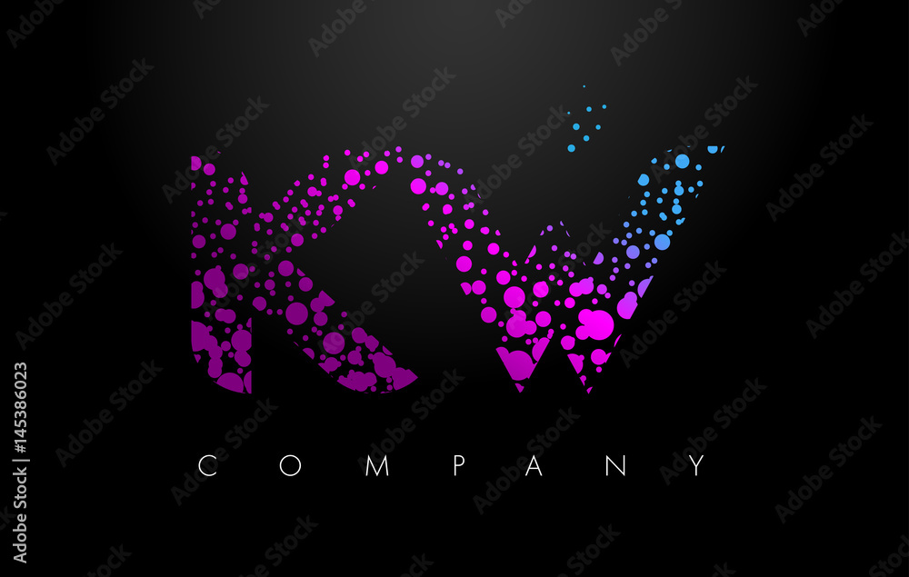 KW K W Letter Logo with Purple Particles and Bubble Dots