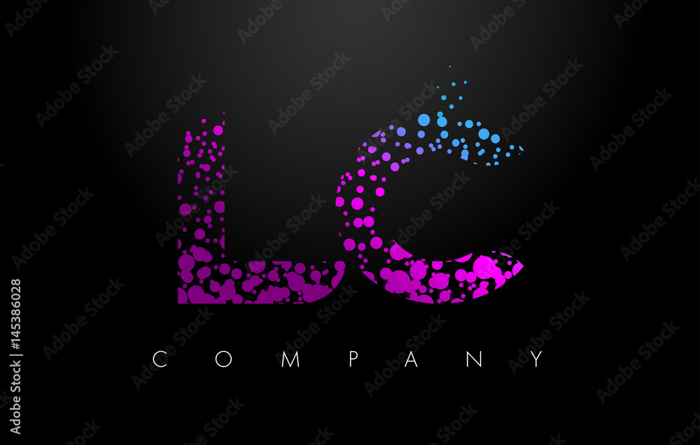 LC L C Letter Logo with Purple Particles and Bubble Dots