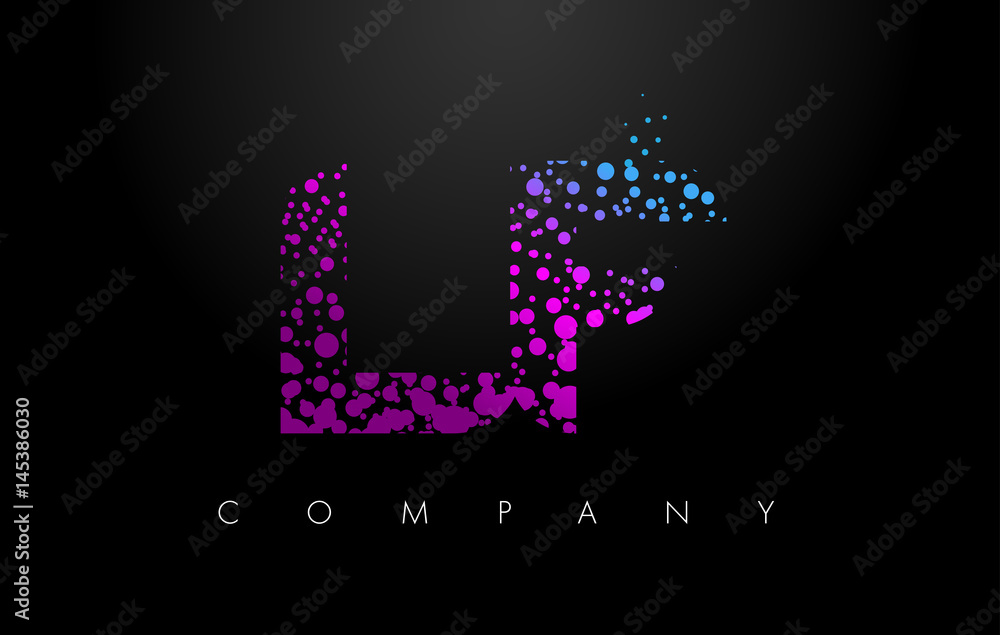 LF L F Letter Logo with Purple Particles and Bubble Dots