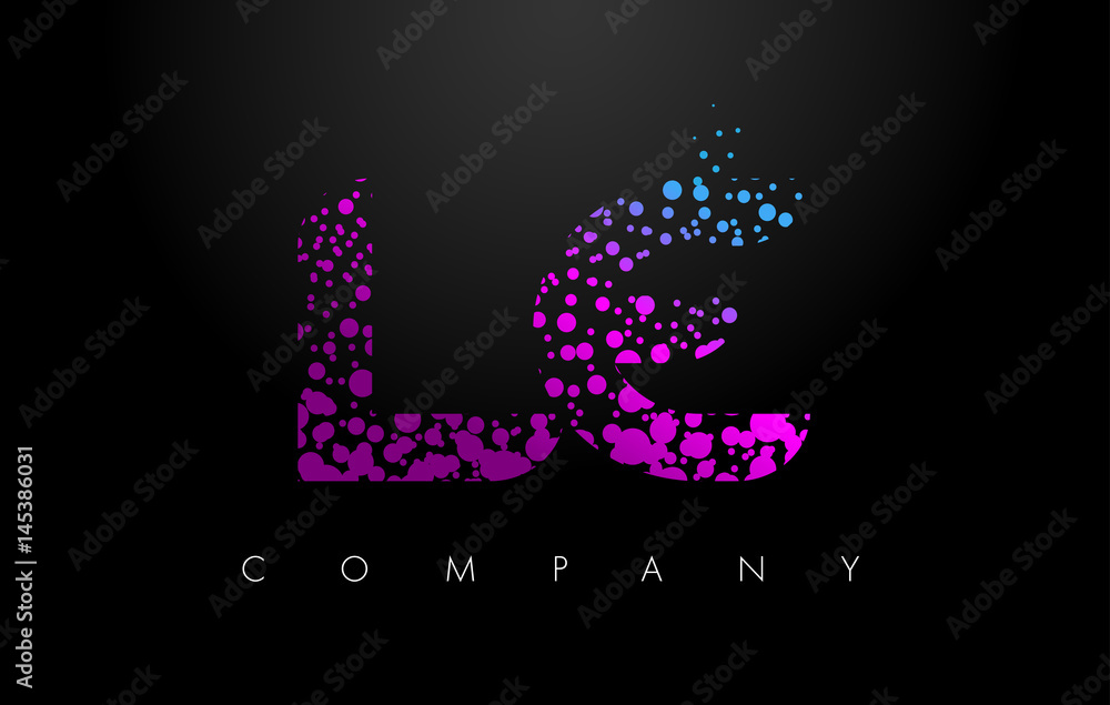 LE L E Letter Logo with Purple Particles and Bubble Dots