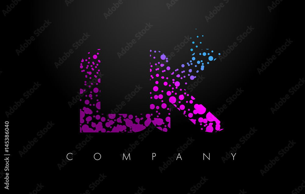 LK L K Letter Logo with Purple Particles and Bubble Dots