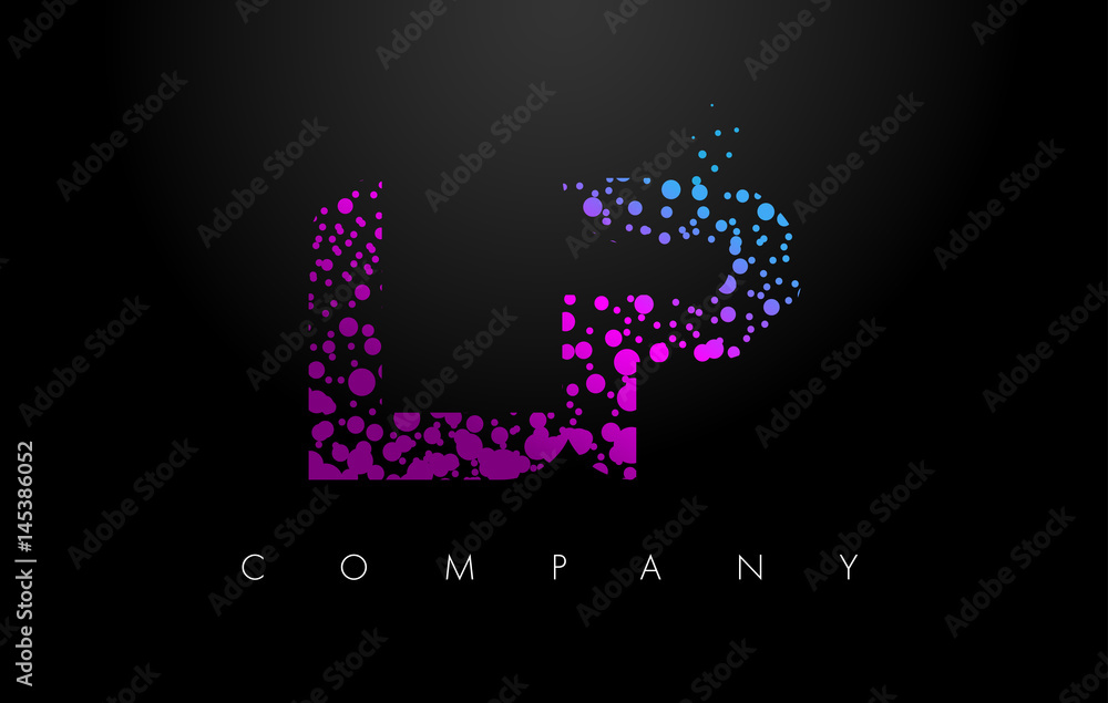LP L P Letter Logo with Purple Particles and Bubble Dots