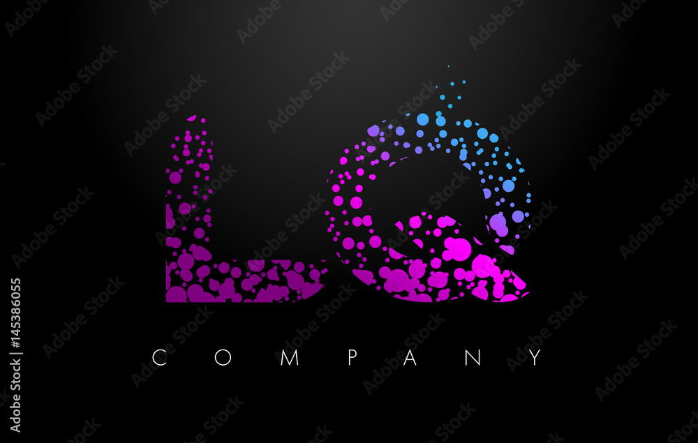 LQ L Q Letter Logo with Purple Particles and Bubble Dots