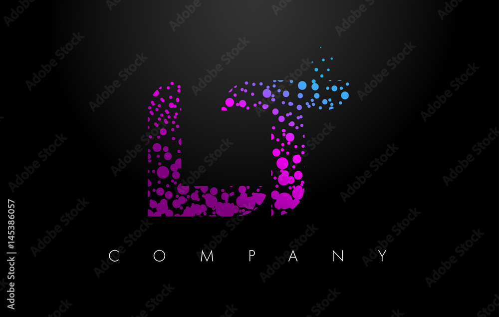 LT L T Letter Logo with Purple Particles and Bubble Dots