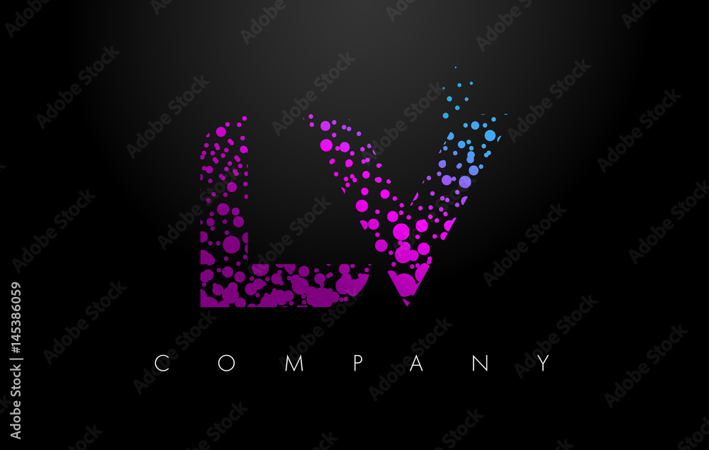 ,  L V Letter Logo with Purple Particles and Bubble Dots