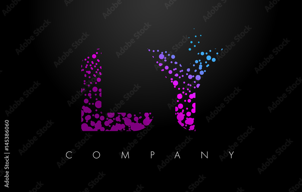 LY L Y Letter Logo with Purple Particles and Bubble Dots