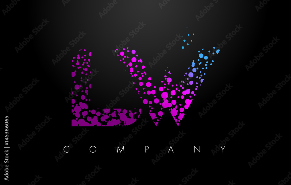 LW L W Letter Logo with Purple Particles and Bubble Dots
