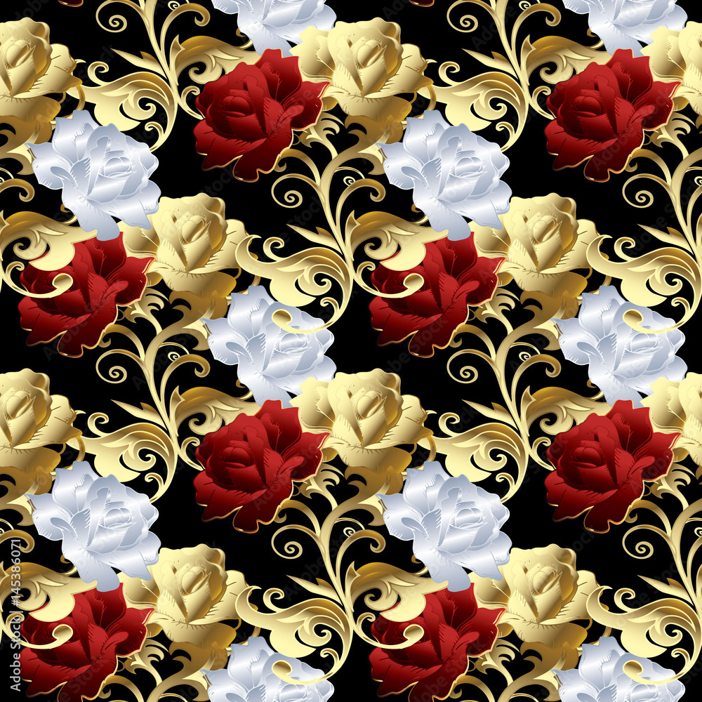 Roses seamless pattern. Floral black background wallpaper illustration with  vintage red, gold and white 3d roses flowers, swirl leaves, floral damask   luxury texture for fabric, print Stock Vector | Adobe Stock