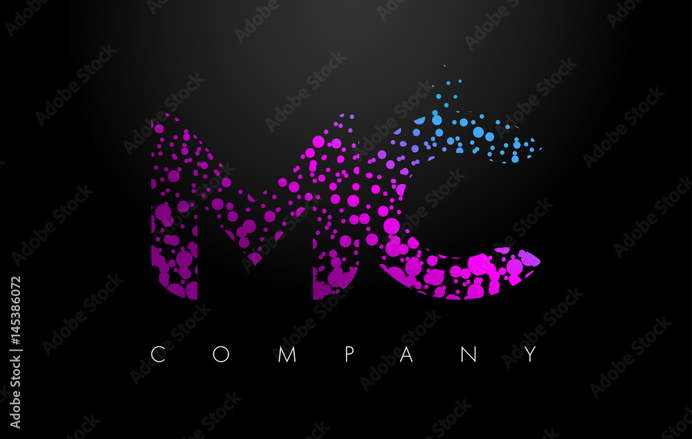 MC M C Letter Logo with Purple Particles and Bubble Dots