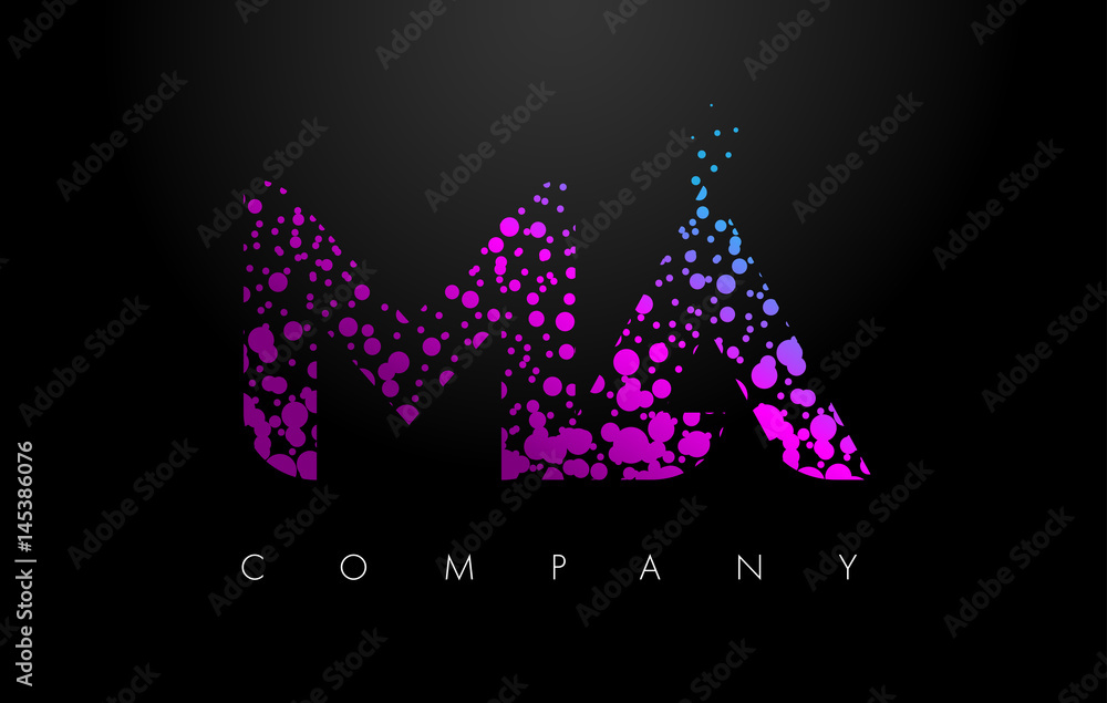 MA M A Letter Logo with Purple Particles and Bubble Dots