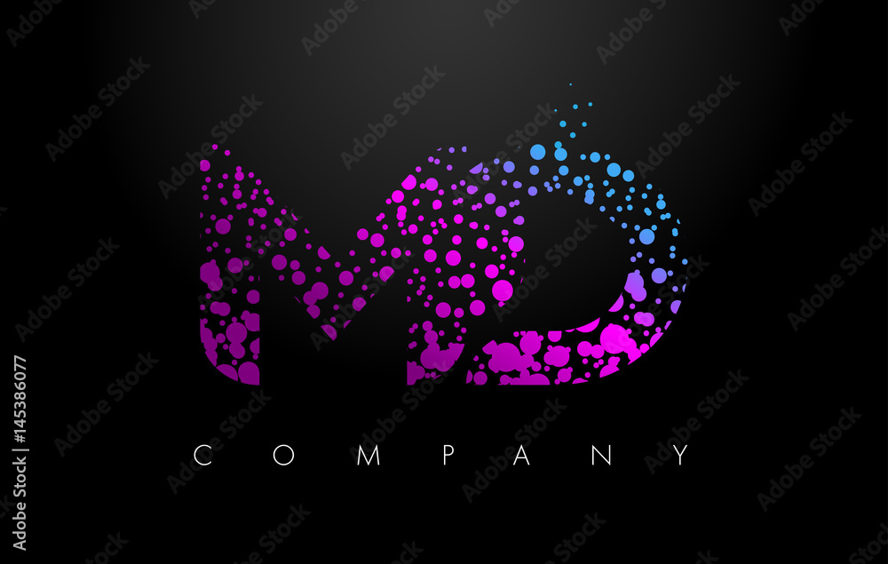 MD M D Letter Logo with Purple Particles and Bubble Dots MD M D Letter Logo with Purple Particles and Bubble Dots