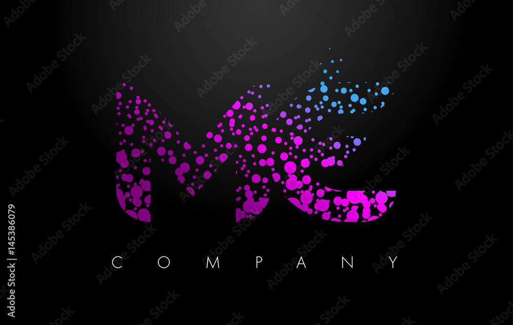 ME M E Letter Logo with Purple Particles and Bubble Dots