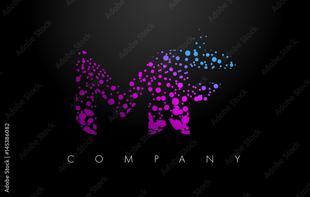 MF M F Letter Logo with Purple Particles and Bubble Dots