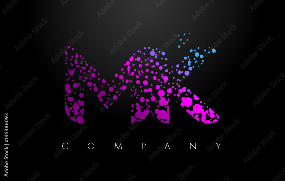 MK M K Letter Logo with Purple Particles and Bubble Dots