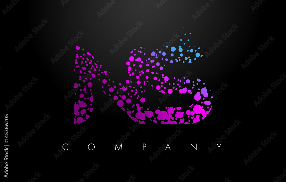 NS N S Letter Logo with Purple Particles and Bubble Dots