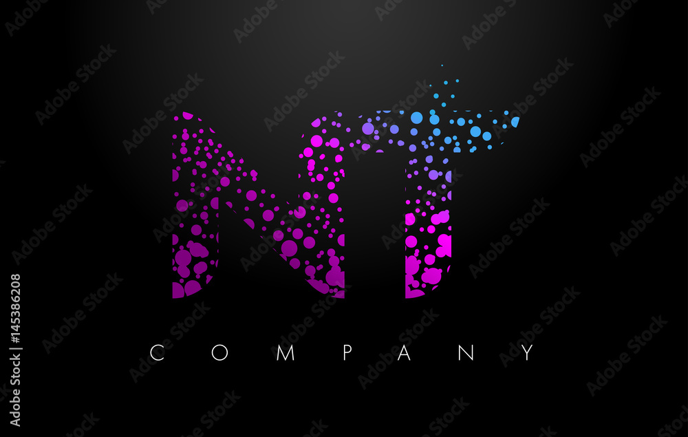 NT N T Letter Logo with Purple Particles and Bubble Dots