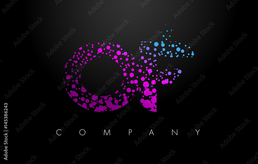 OF O F Letter Logo with Purple Particles and Bubble Dots