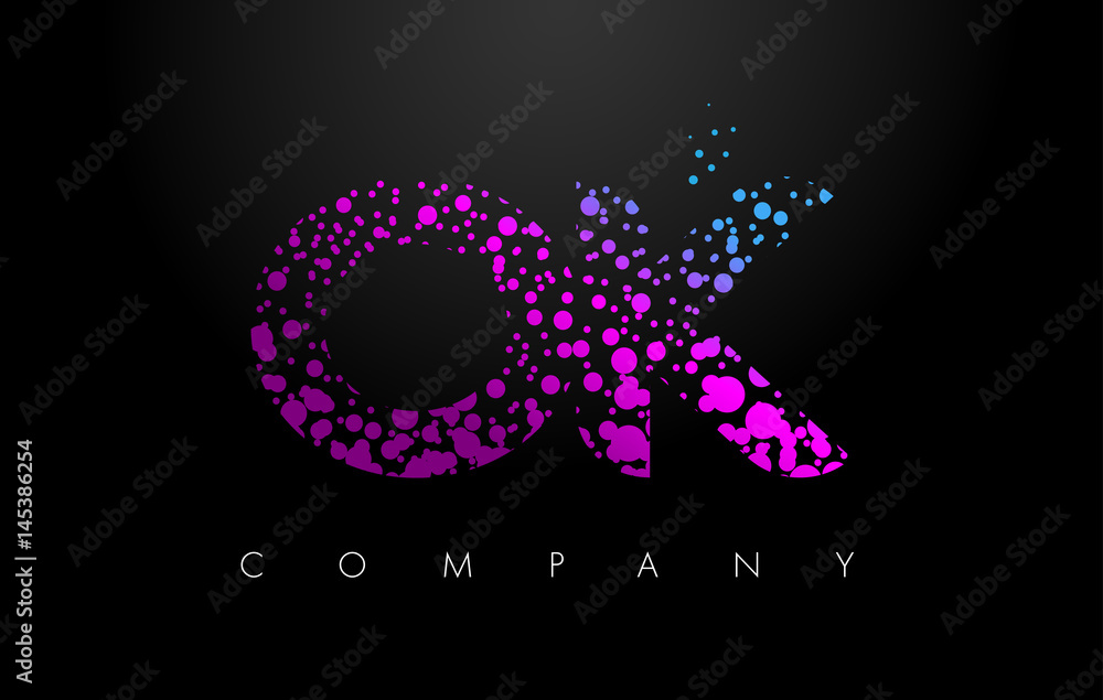 OK O K Letter Logo with Purple Particles and Bubble Dots