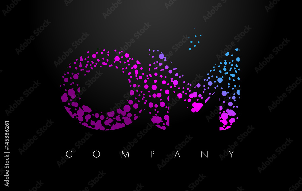 OM O M Letter Logo with Purple Particles and Bubble Dots