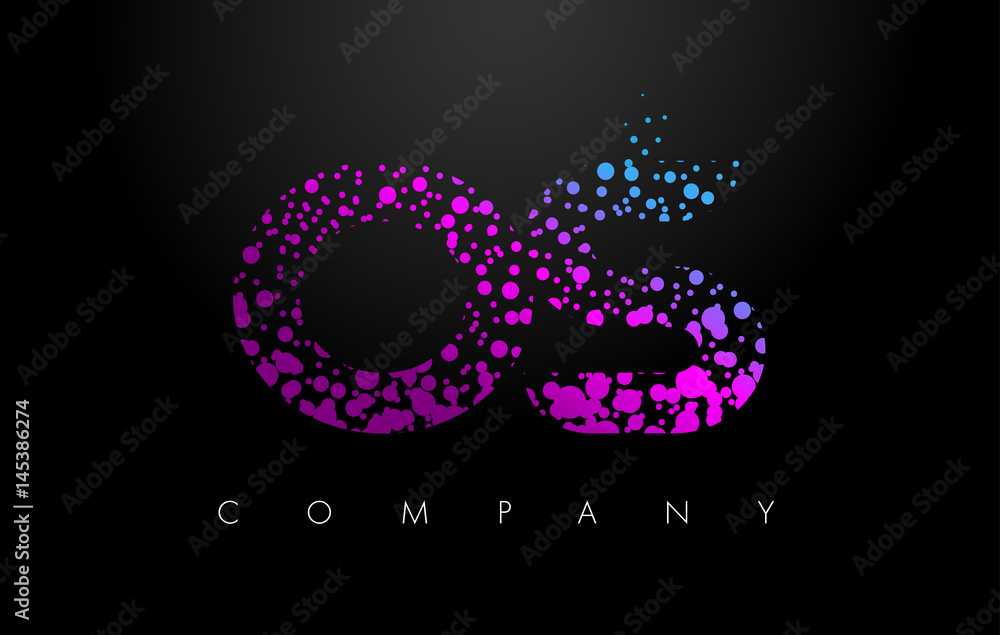 OS O S Letter Logo with Purple Particles and Bubble Dots
