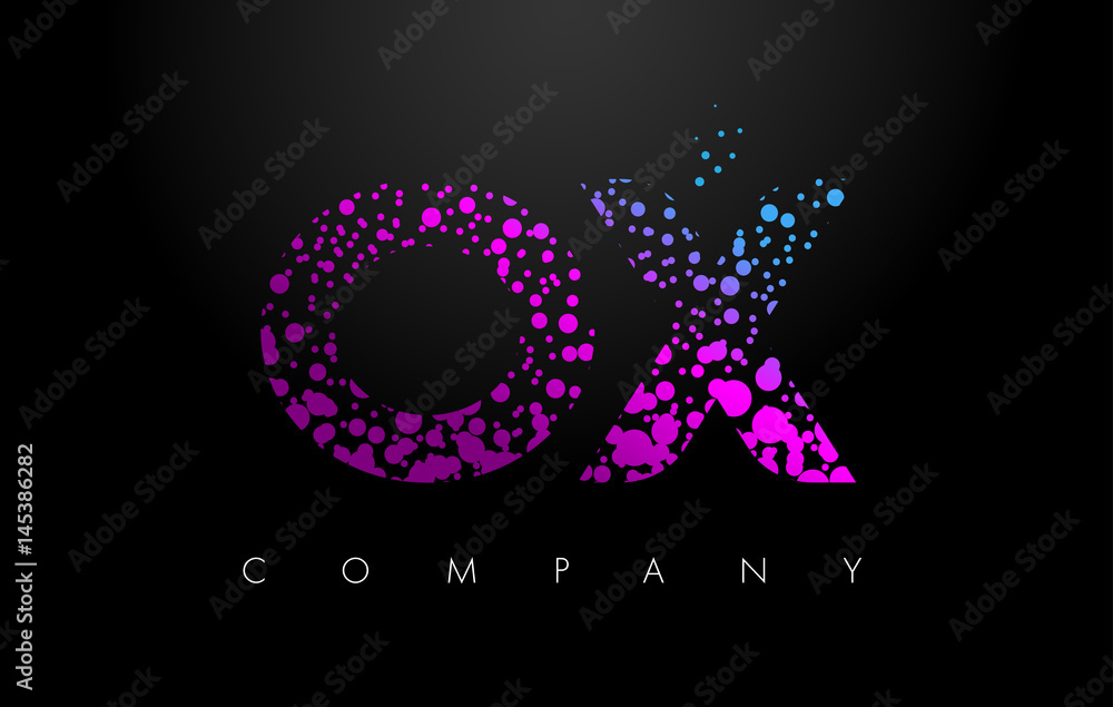 OX O X Letter Logo with Purple Particles and Bubble Dots