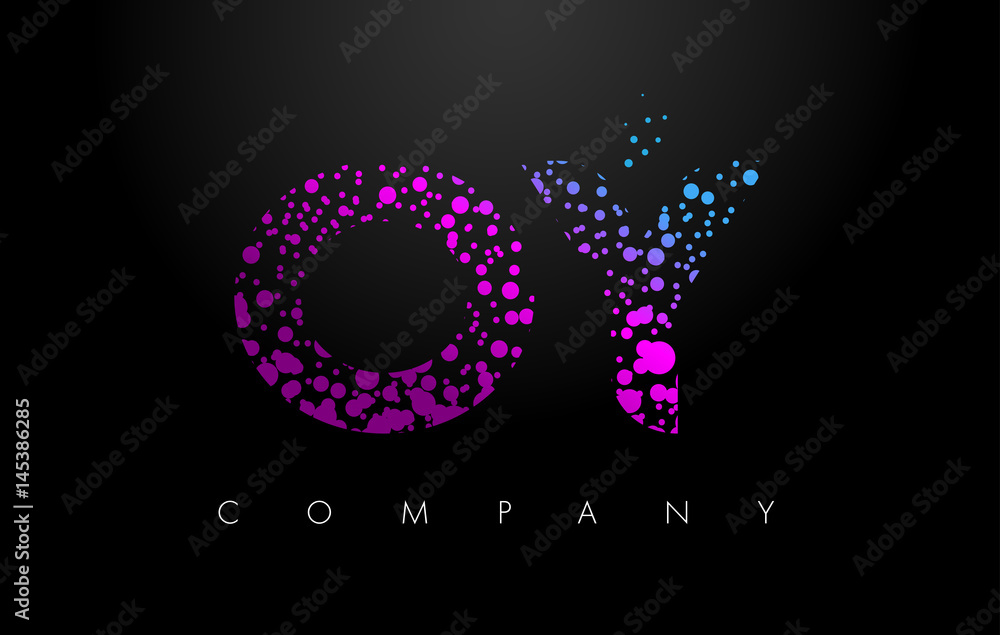 OY O Y Letter Logo with Purple Particles and Bubble Dots