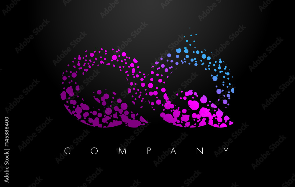 QQ Q Q Letter Logo with Purple Particles and Bubble Dots