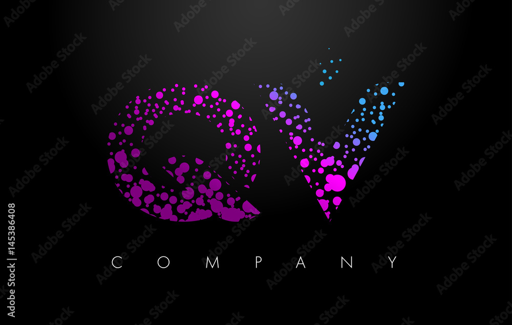 QV Q V Letter Logo with Purple Particles and Bubble Dots