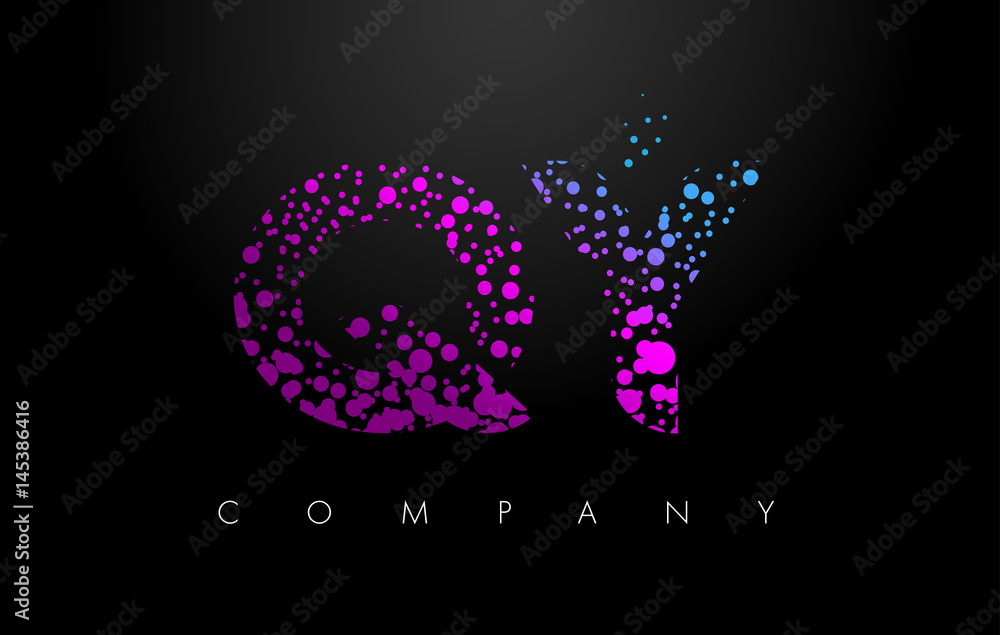 QY Q Y Letter Logo with Purple Particles and Bubble Dots