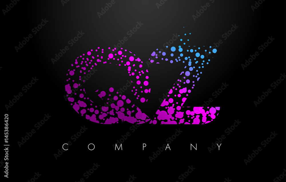 QZ Q Z Letter Logo with Purple Particles and Bubble Dots
