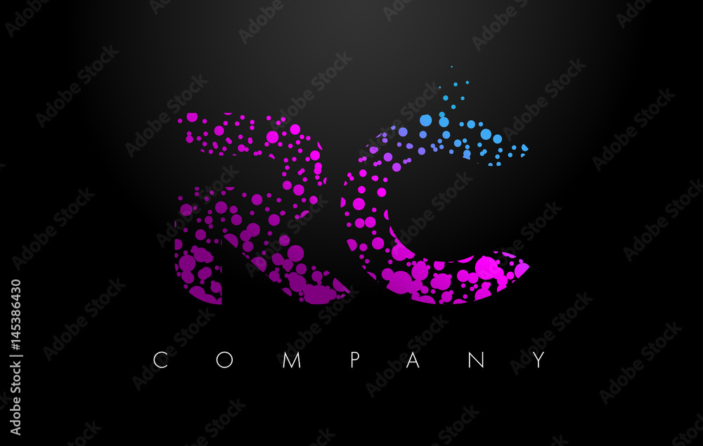 RC R C Letter Logo with Purple Particles and Bubble Dots