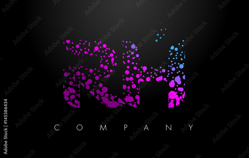 RH R H Letter Logo with Purple Particles and Bubble Dots