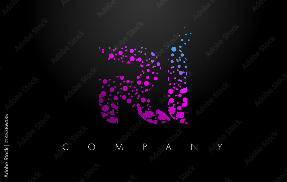 RI R I Letter Logo with Purple Particles and Bubble Dots