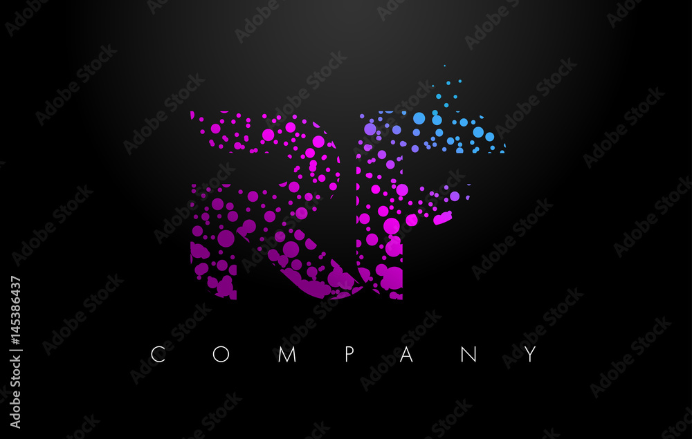 RF R F Letter Logo with Purple Particles and Bubble Dots