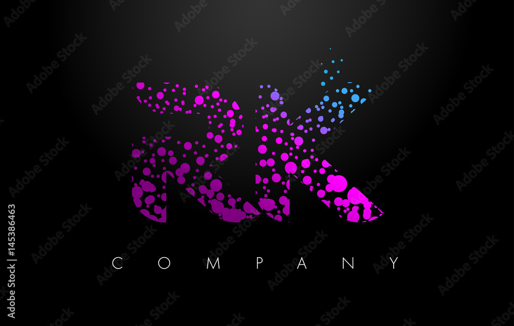 RK R K Letter Logo with Purple Particles and Bubble Dots