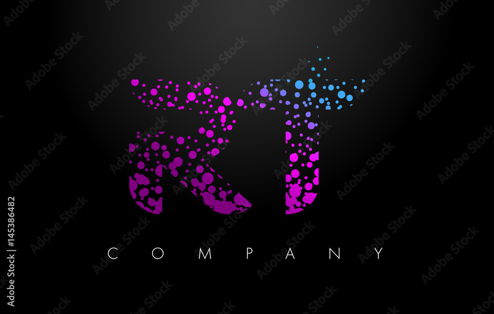 RT R T Letter Logo with Purple Particles and Bubble Dots