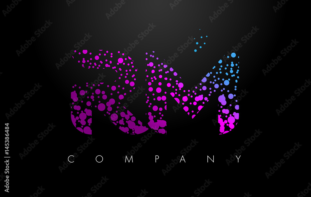 RM R M Letter Logo with Purple Particles and Bubble Dots